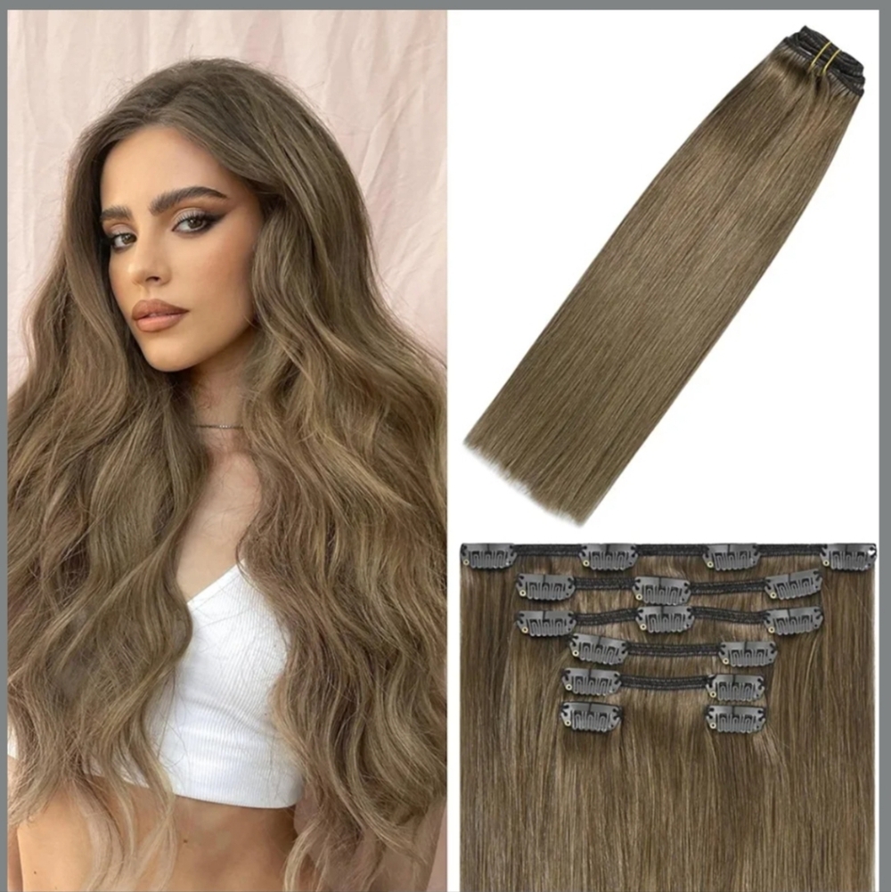 WindTouch Clip In Hair Extensions Human Hair Ash Brown 18Inch 75g #8 7PCS Hair E